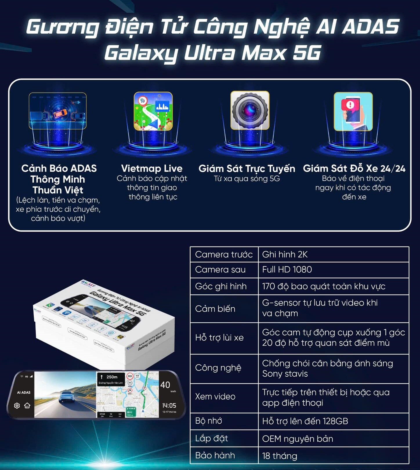 Gương điện tử Galaxy Ultra Max 5G Tích hợp cảnh báo giao thông