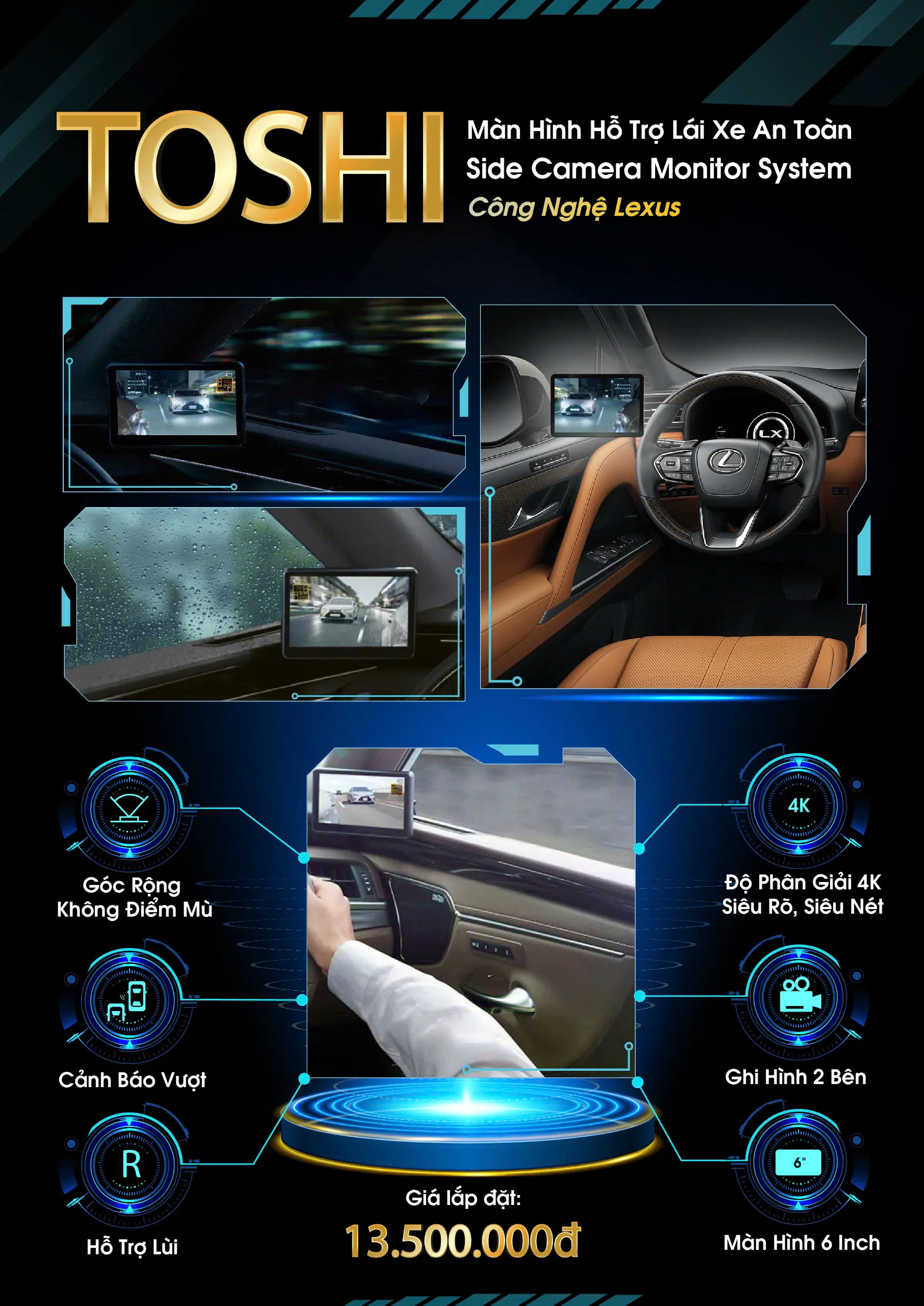 Camera gương hậu điện tử Toshi nét 4K góc rộng